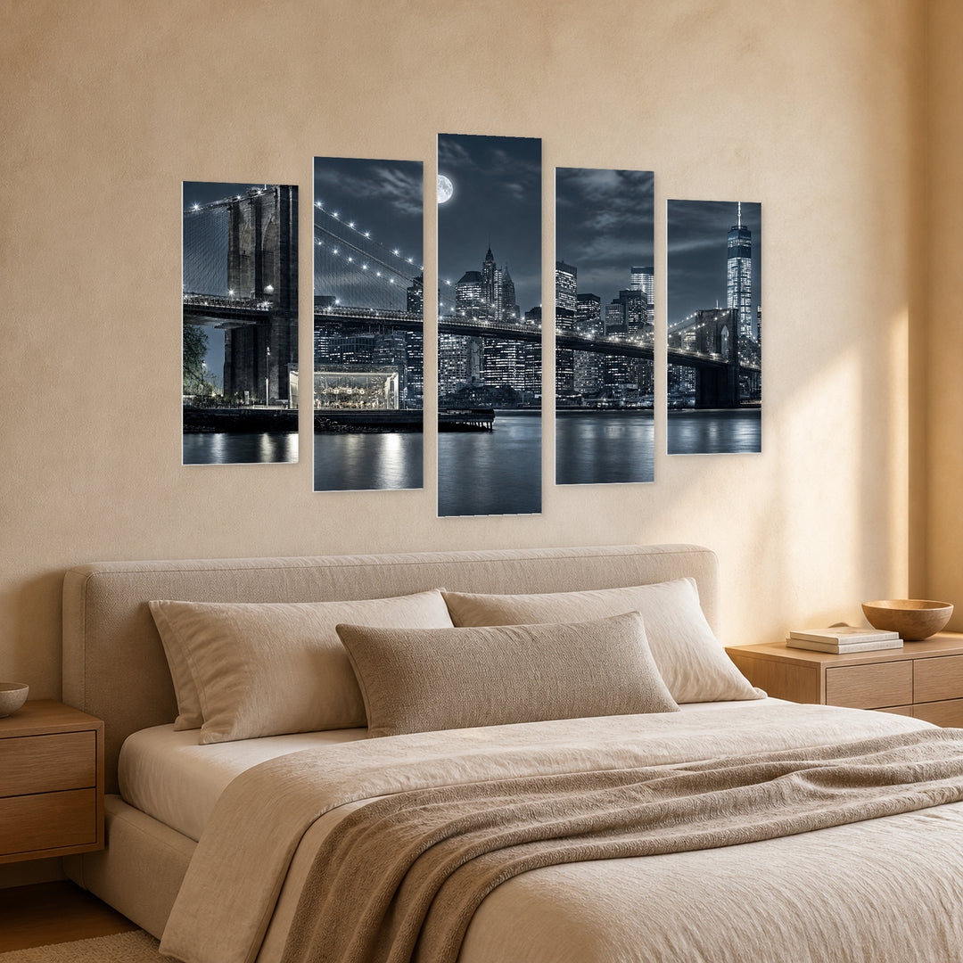 Brooklyn Bridge by Moonlight — five-panel wall art in perspective interior | 5wallart 51037 M2