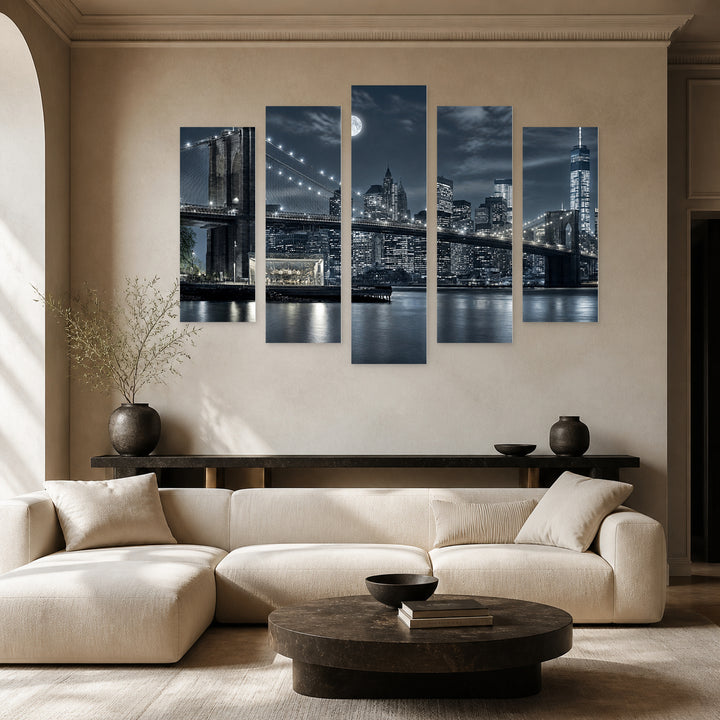 Brooklyn Bridge by Moonlight — five-panel wall art in frontal interior | 5wallart 51037 M3