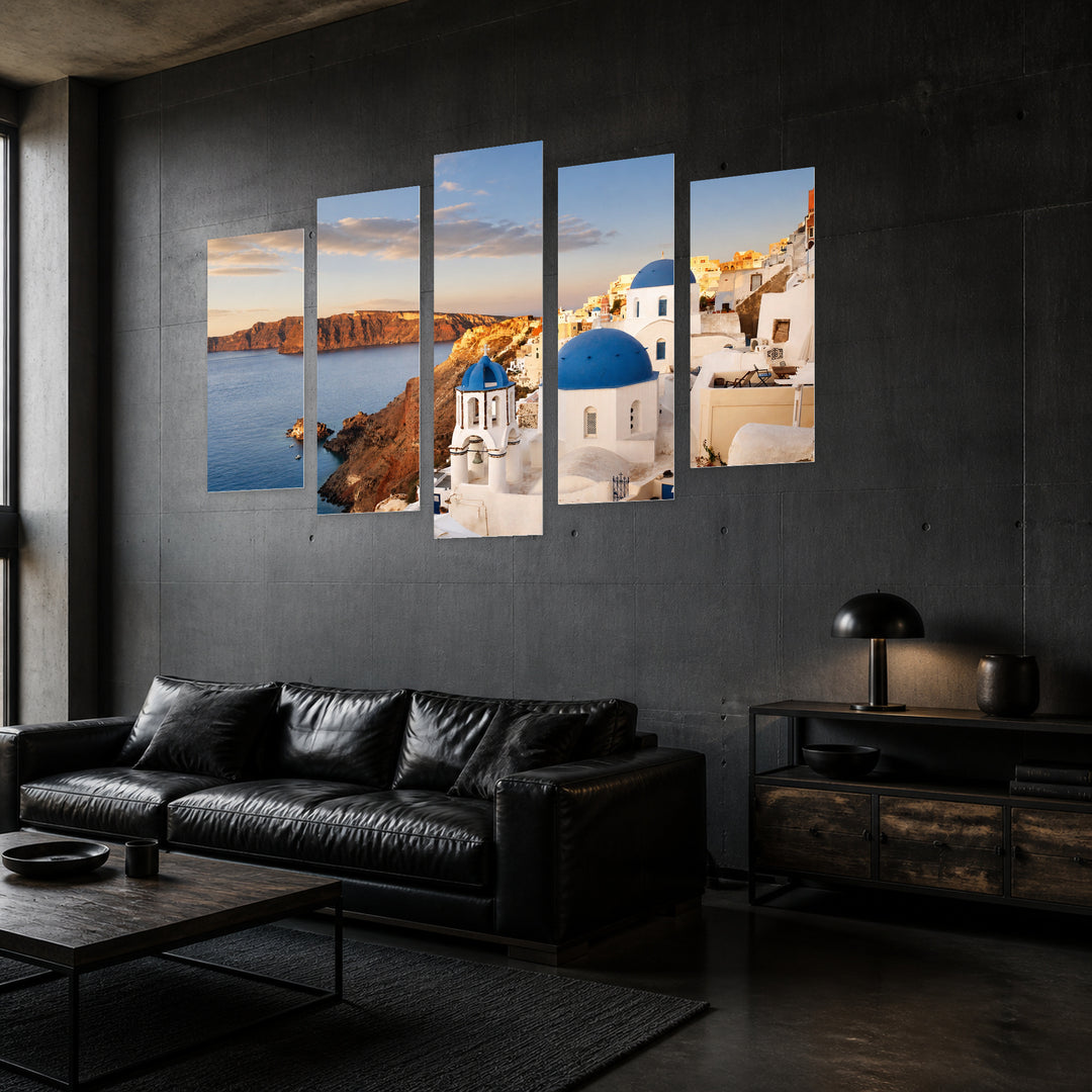 Santorini Church in Serene Light — five-panel wall art in perspective interior | 5wallart 51038 M2