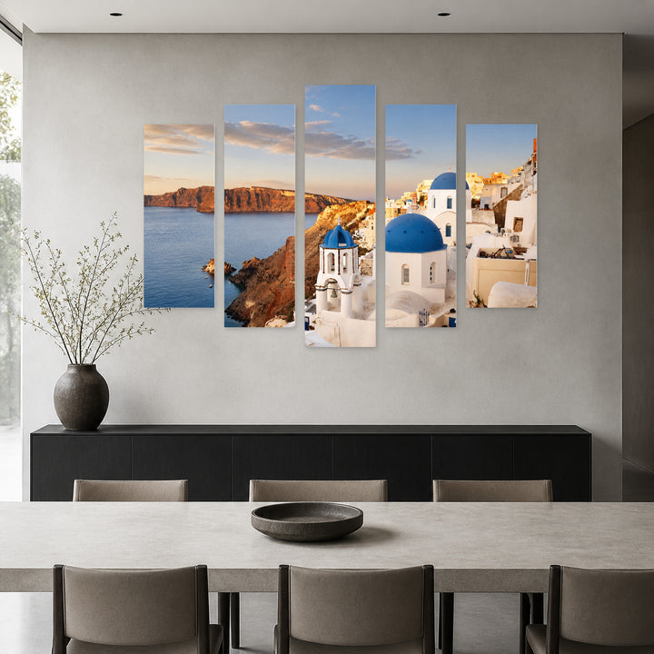 Santorini Church in Serene Light — five-panel wall art in frontal interior | 5wallart 51038 M3