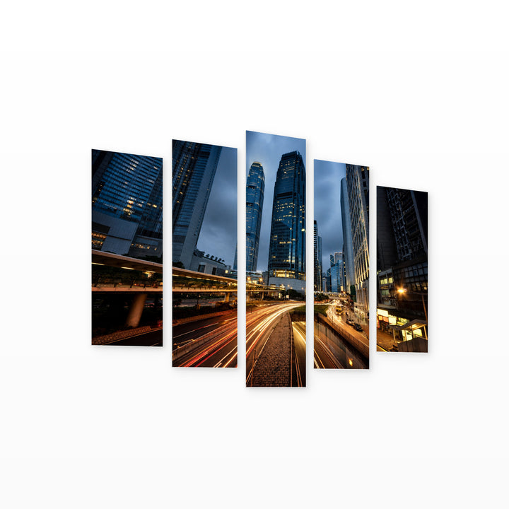 Hong Kong City Traffic — five-panel wall art on white background in perspective | 5wallart 51041 M1