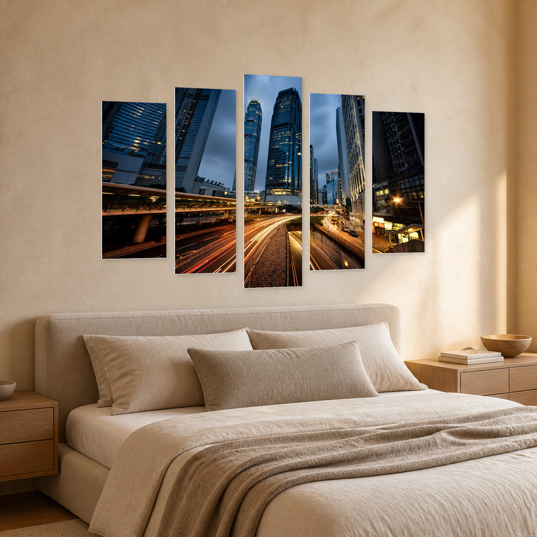 Hong Kong City Traffic — five-panel wall art in perspective interior | 5wallart 51041 M2
