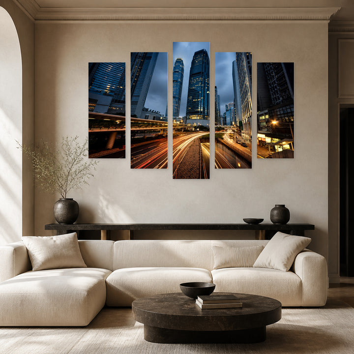 Hong Kong City Traffic — five-panel wall art in frontal interior | 5wallart 51041 M3