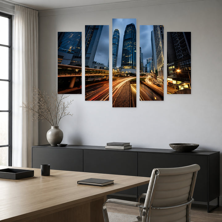 Hong Kong City Traffic — five-panel wall art in alternate frontal interior | 5wallart 51041 M4