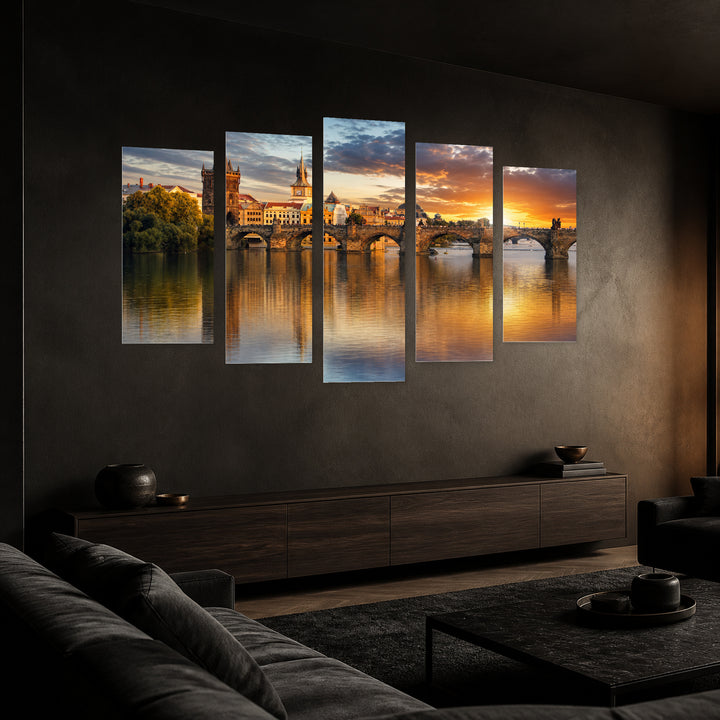 Prague, Charles Bridge at Golden Sunset — five-panel wall art in perspective interior | 5wallart 51043 M2