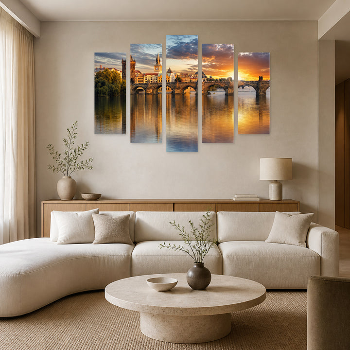 Prague, Charles Bridge at Golden Sunset — five-panel wall art in frontal interior | 5wallart 51043 M3