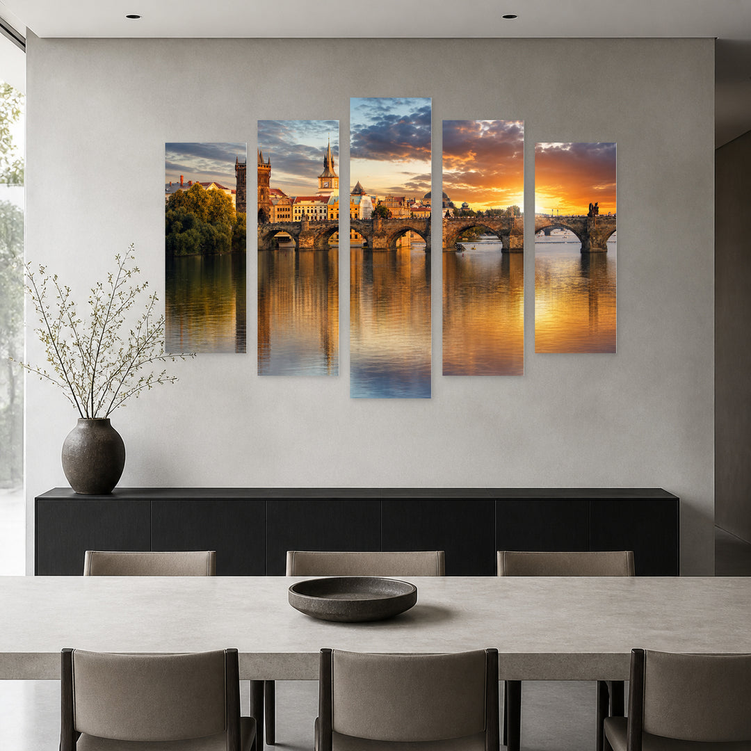 Prague, Charles Bridge at Golden Sunset — five-panel wall art in alternate frontal interior | 5wallart 51043 M4