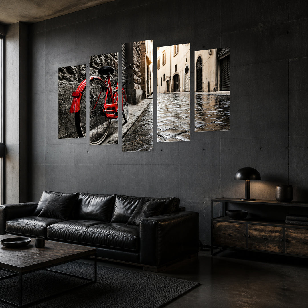 Red Wheel in Milan with Geometric Rhythm — five-panel wall art in perspective interior | 5wallart 51046 M2