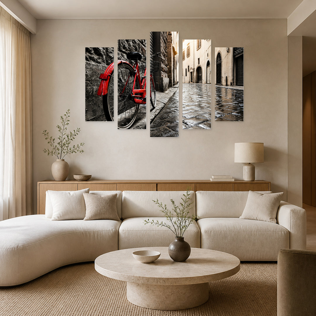 Red Wheel in Milan with Geometric Rhythm — five-panel wall art in frontal interior | 5wallart 51046 M3
