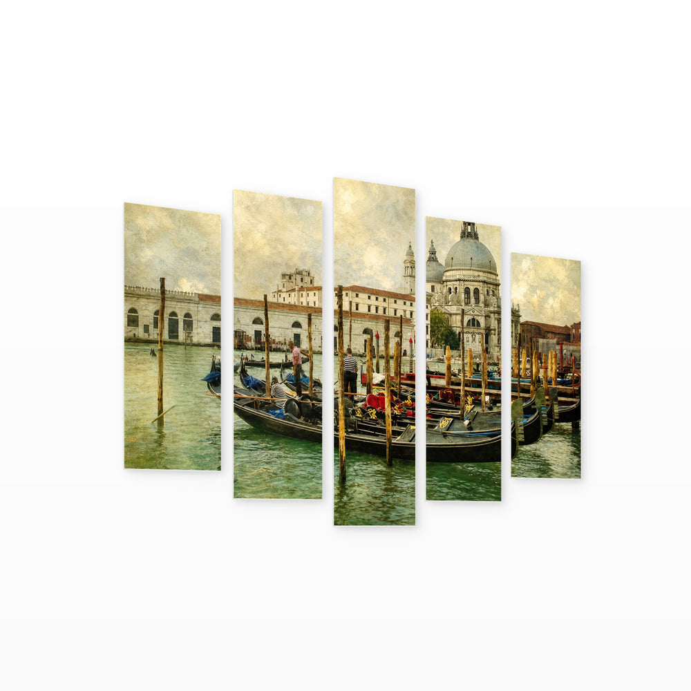 Vintage Venice Gondolas — five-panel wall art on white background in perspective | 5wallart 51052 M1