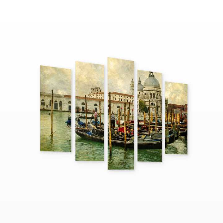 Vintage Venice Gondolas — five-panel wall art on white background in perspective | 5wallart 51052 M1