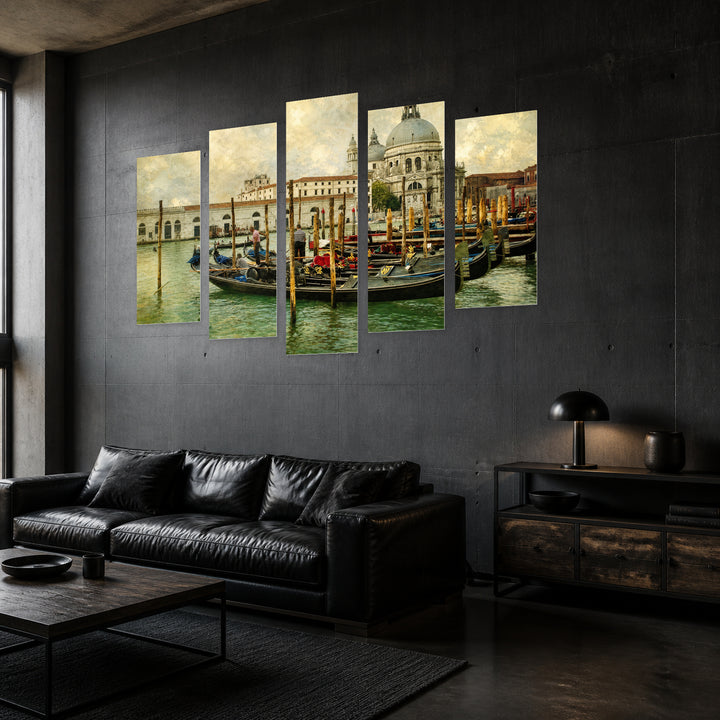 Vintage Venice Gondolas — five-panel wall art in perspective interior | 5wallart 51052 M2