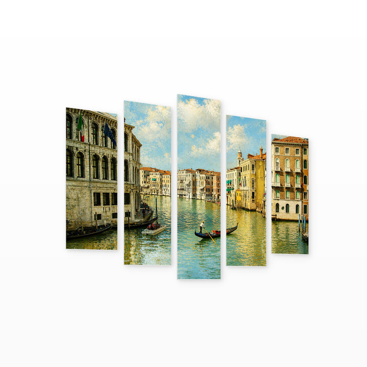 Painterly Gondolier in Venice — five-panel wall art on white background in perspective | 5wallart 51055 M1