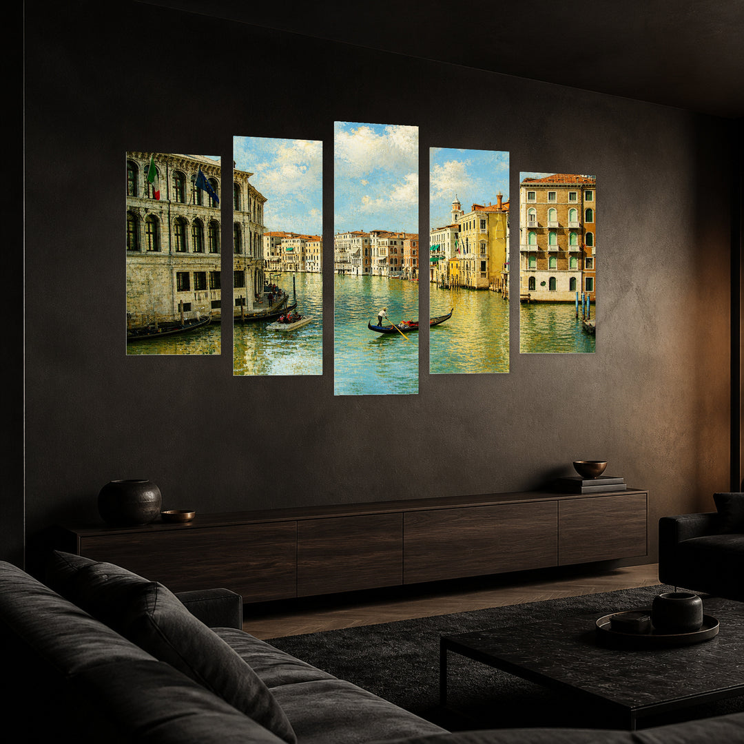 Painterly Gondolier in Venice — five-panel wall art in perspective interior | 5wallart 51055 M2