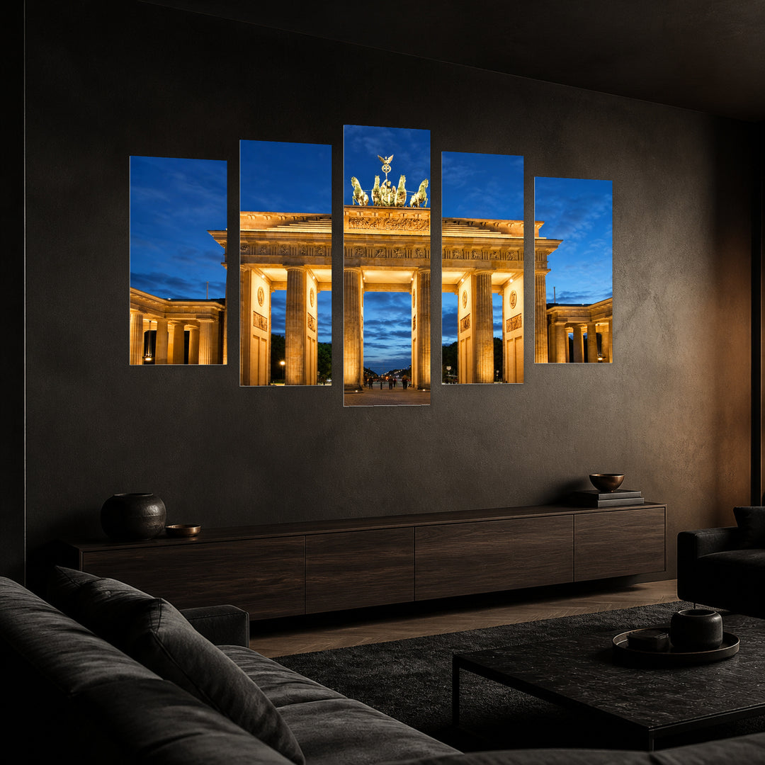 Brandenburg Gate Urban Panorama — five-panel wall art in perspective interior | 5wallart 51057 M2