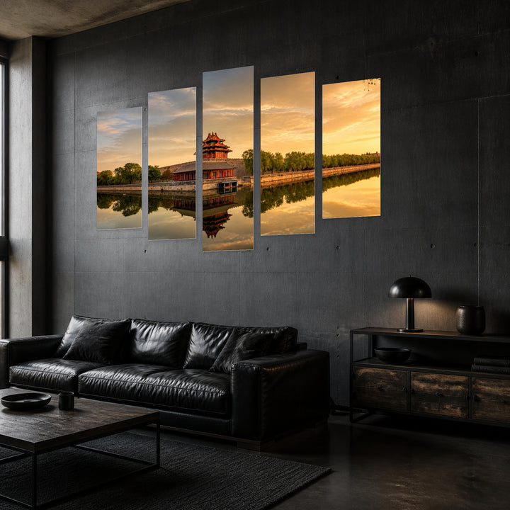 Forbidden City, Beijing with Geometric Rhythm — five-panel wall art in perspective interior | 5wallart 51058 M2
