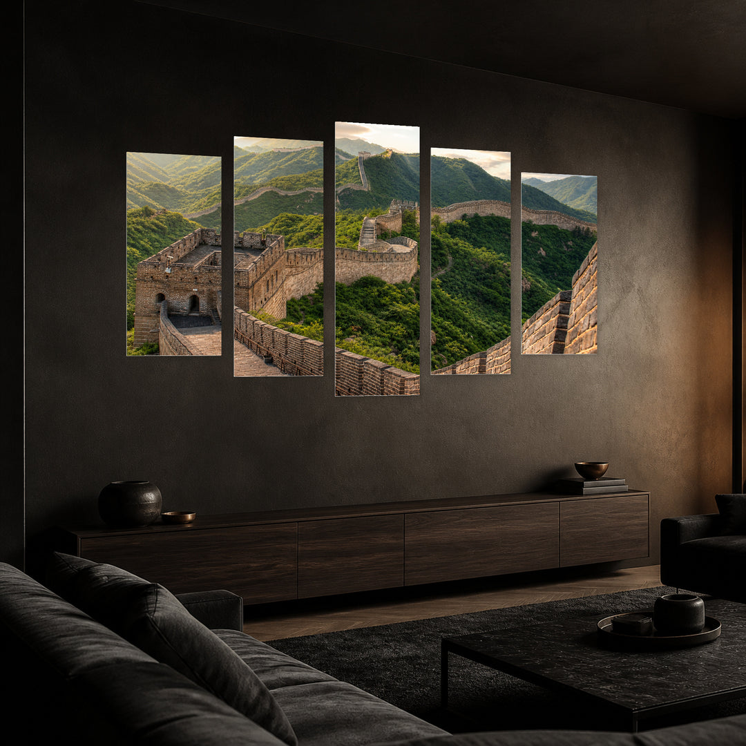Great Wall of China in Serene Light — five-panel wall art in perspective interior | 5wallart 51061 M2