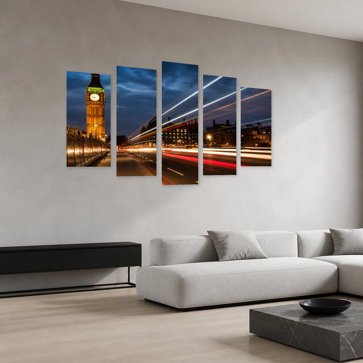 Big Ben at Night, London Urban Panorama — five-panel wall art in perspective interior | 5wallart 51066 M2
