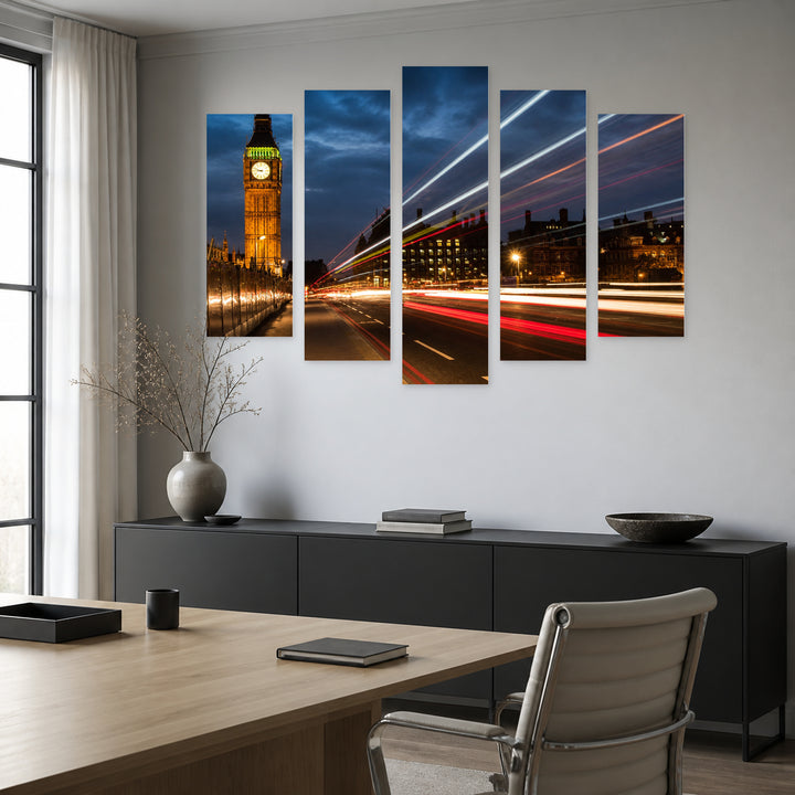 Big Ben at Night, London Urban Panorama — five-panel wall art in frontal interior | 5wallart 51066 M3