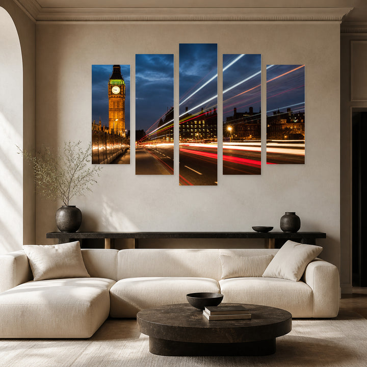 Big Ben at Night, London Urban Panorama — five-panel wall art in alternate frontal interior | 5wallart 51066 M4