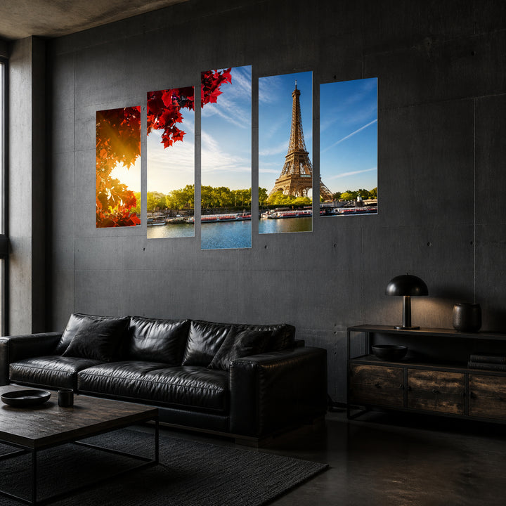 Eiffel Tower at Sunrise, Paris in Serene Light — five-panel wall art in perspective interior | 5wallart 51068 M2