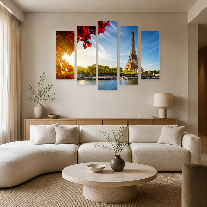 Eiffel Tower at Sunrise, Paris in Serene Light — five-panel wall art in alternate frontal interior | 5wallart 51068 M4