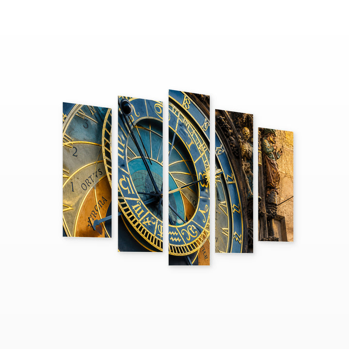 Astronomical Clock, Prague in Blue and Gold — five-panel wall art on white background in perspective | 5wallart 51089 M1