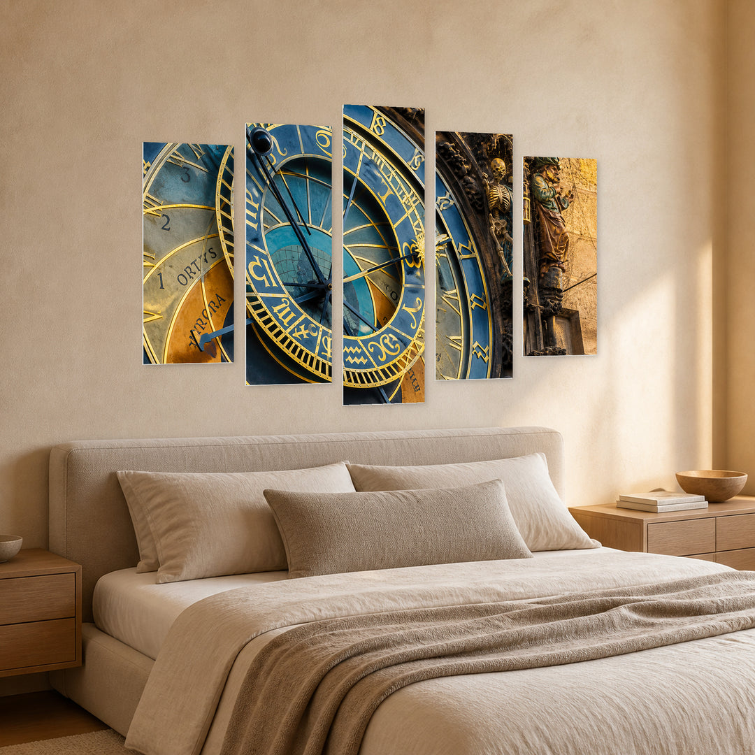 Astronomical Clock, Prague in Blue and Gold — five-panel wall art in perspective interior | 5wallart 51089 M2
