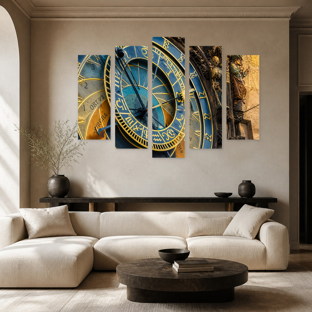 Astronomical Clock, Prague in Blue and Gold — five-panel wall art in frontal interior | 5wallart 51089 M3