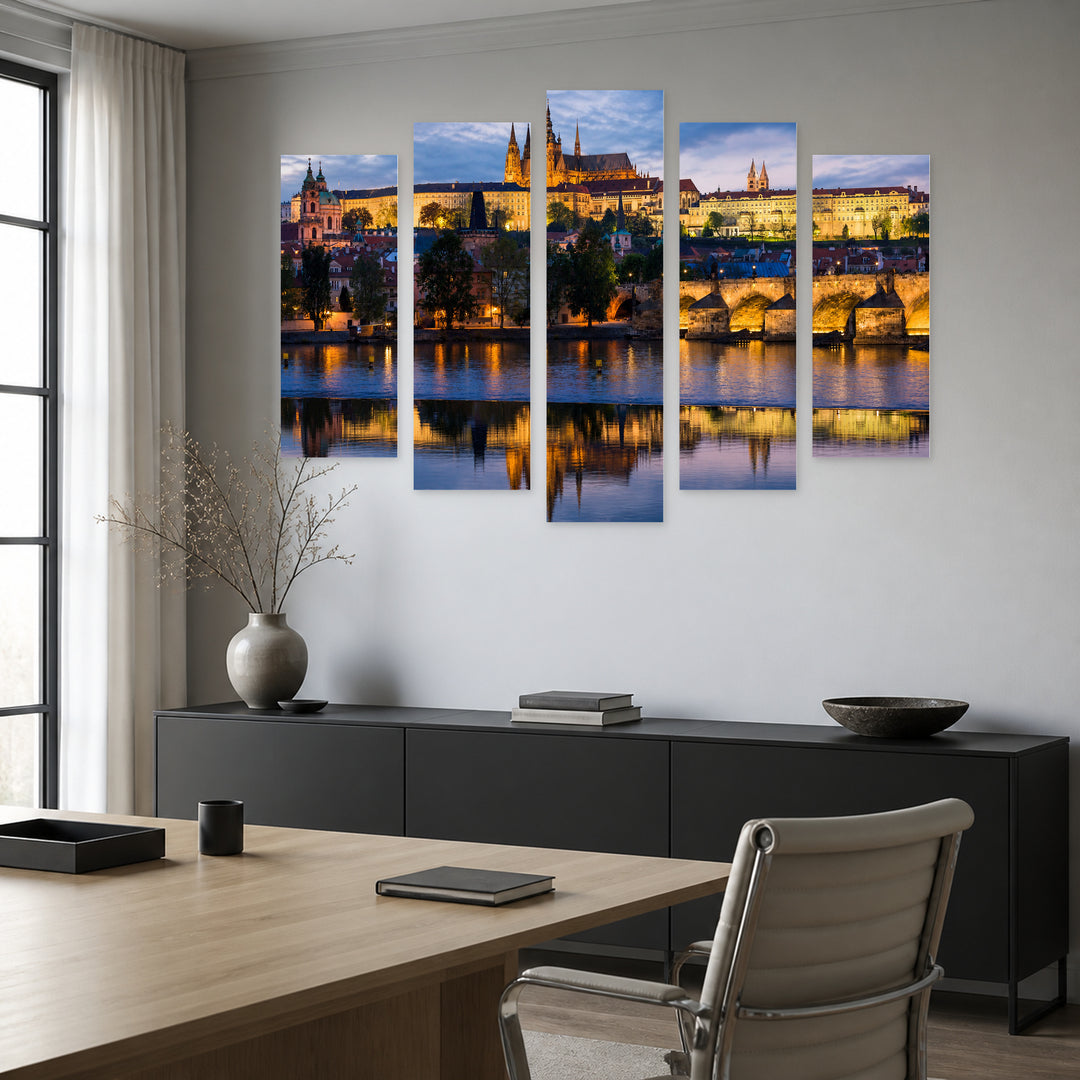 Palace in Prague Urban Panorama — five-panel wall art in frontal interior | 5wallart 51090 M3