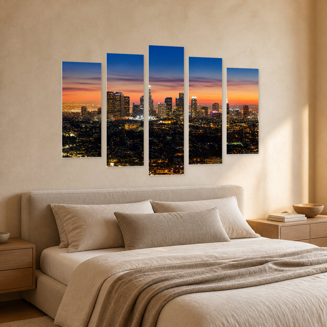Los Angeles Skyline — five-panel wall art in perspective interior | 5wallart 51091 M2