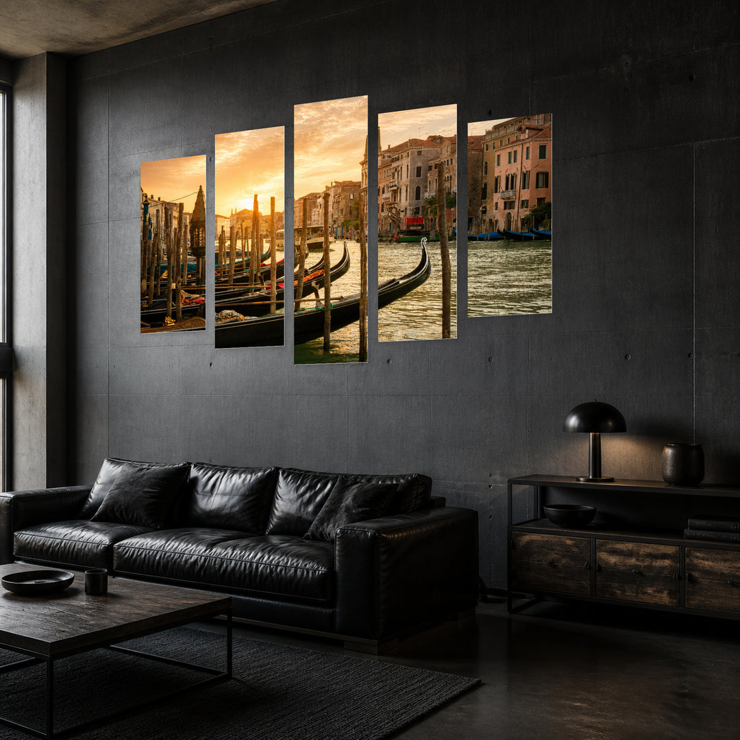 Gondolas in Venice, Italy in Serene Light — five-panel wall art in perspective interior | 5wallart 51094 M2