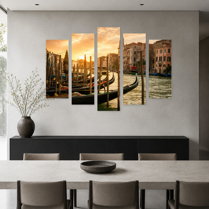 Gondolas in Venice, Italy in Serene Light — five-panel wall art in frontal interior | 5wallart 51094 M3