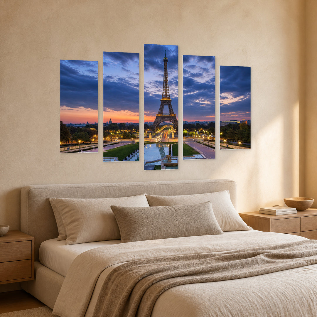 Eiffel Tower Night View, Paris Urban Panorama — five-panel wall art in perspective interior | 5wallart 51095 M2