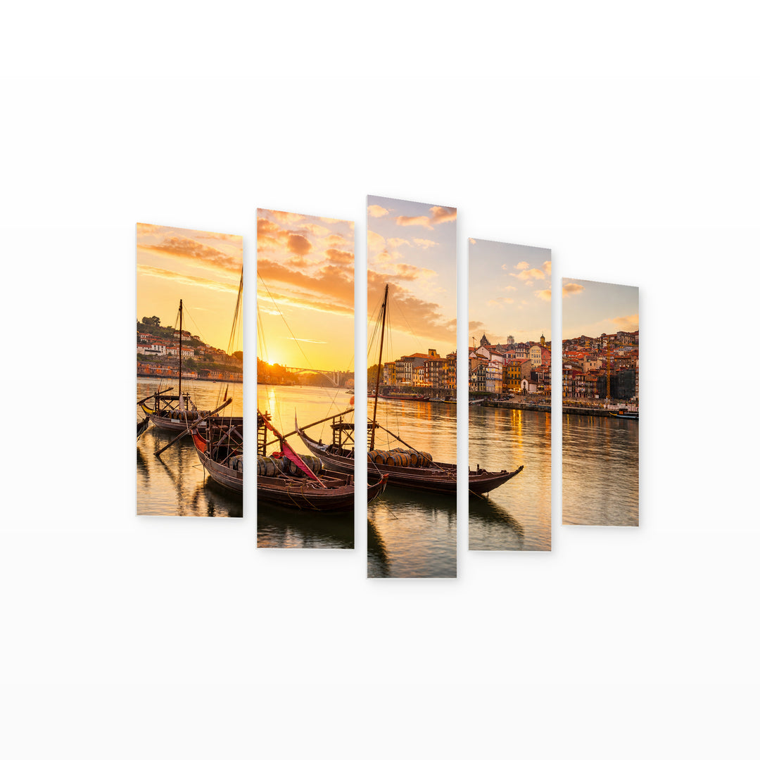 Porto, Portugal at Golden Sunset — five-panel wall art on white background in perspective | 5wallart 51100 M1