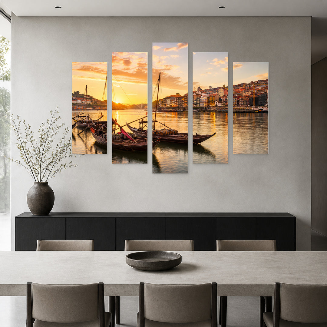 Porto, Portugal at Golden Sunset — five-panel wall art in frontal interior | 5wallart 51100 M3