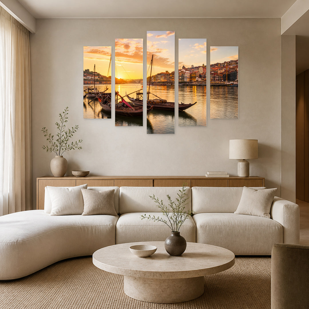 Porto, Portugal at Golden Sunset — five-panel wall art in alternate frontal interior | 5wallart 51100 M4