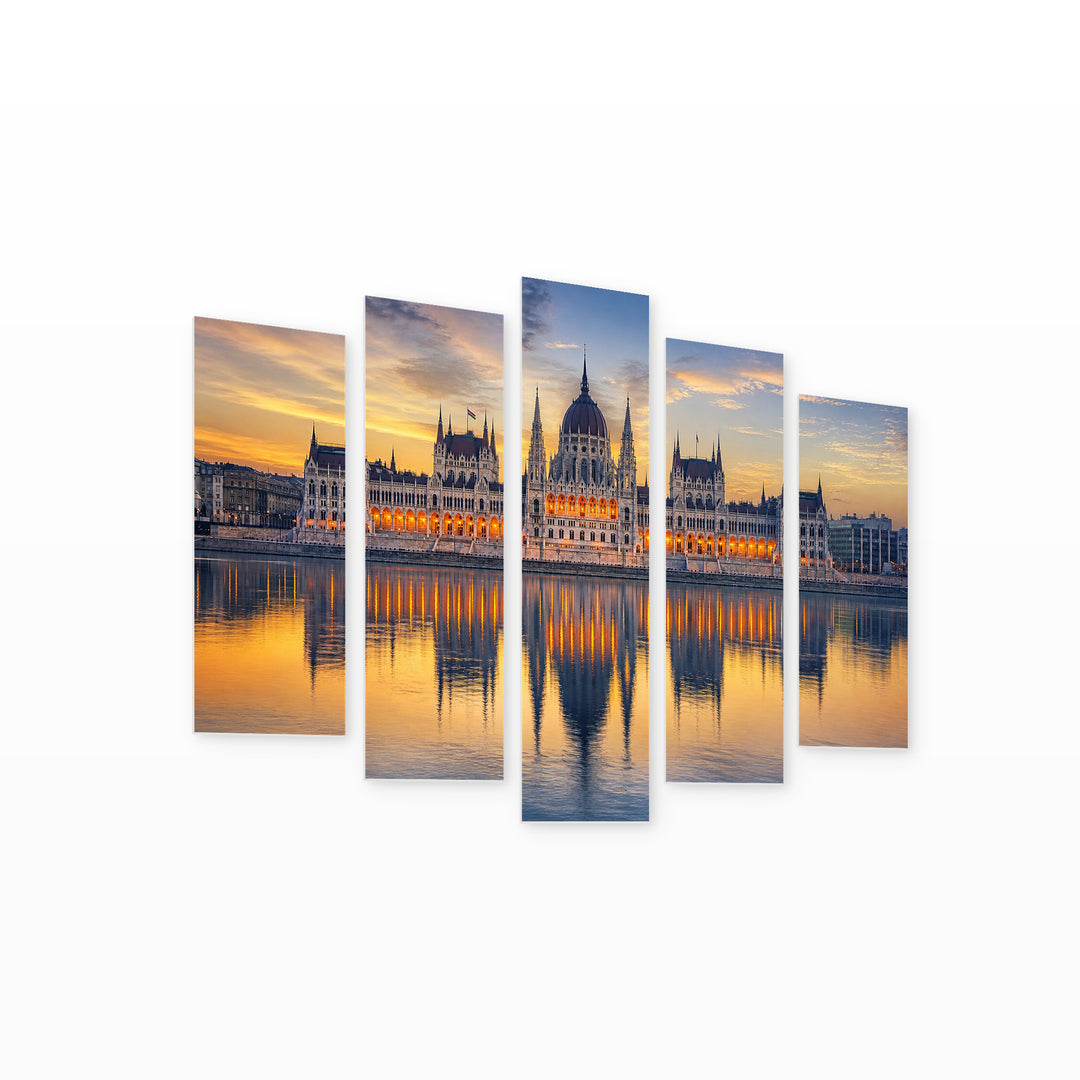 Parliament in Budapest in Blue and Gold — five-panel wall art on white background in perspective | 5wallart 51101 M1