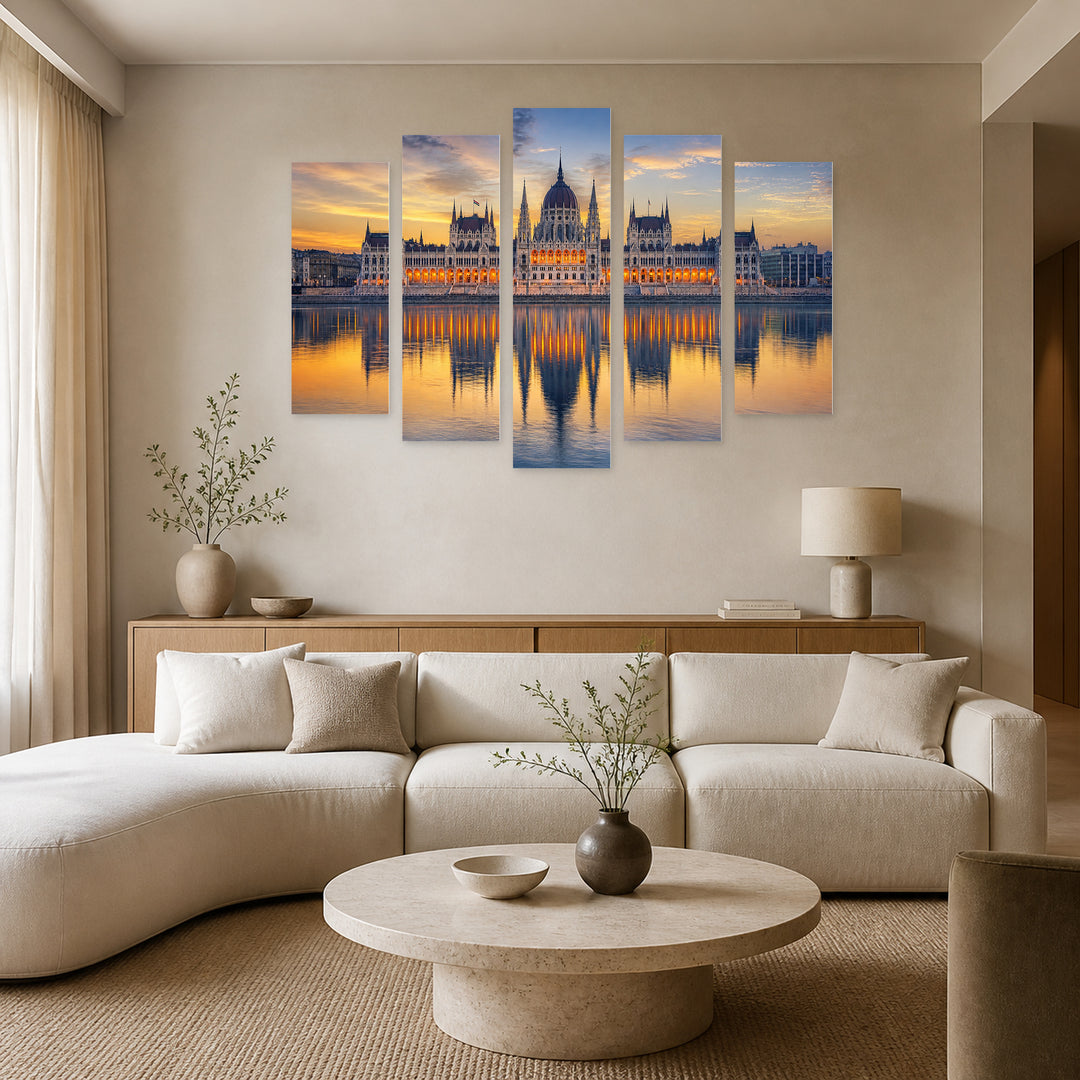 Parliament in Budapest in Blue and Gold — five-panel wall art in frontal interior | 5wallart 51101 M3