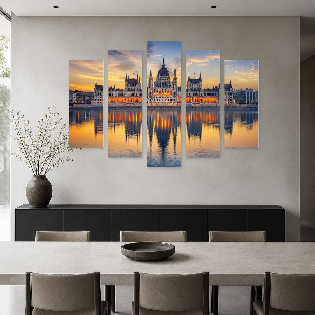 Parliament in Budapest in Blue and Gold — five-panel wall art in alternate frontal interior | 5wallart 51101 M4