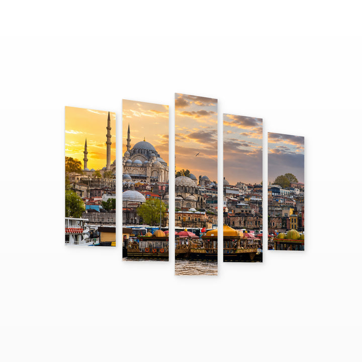 Istanbul, Turkey at Golden Sunset — five-panel wall art on white background in perspective | 5wallart 51102 M1
