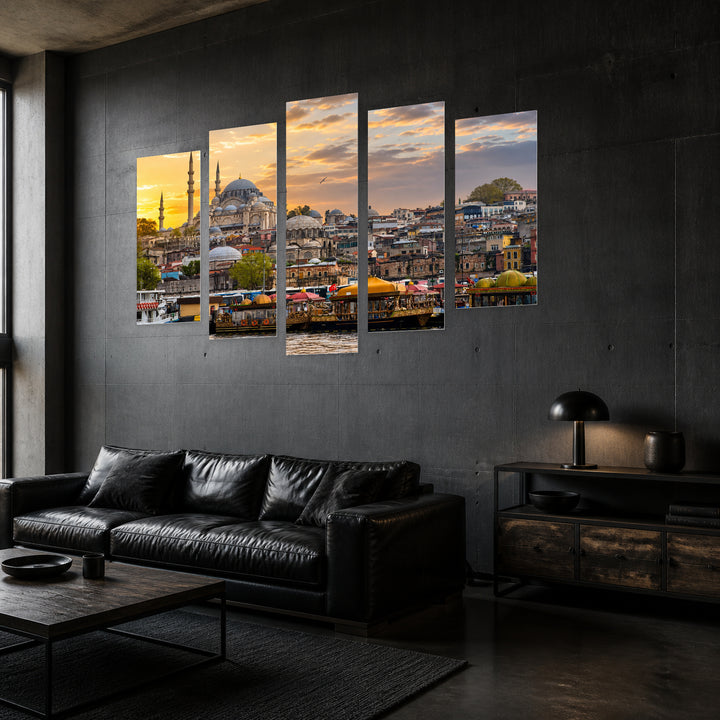 Istanbul, Turkey at Golden Sunset — five-panel wall art in perspective interior | 5wallart 51102 M2