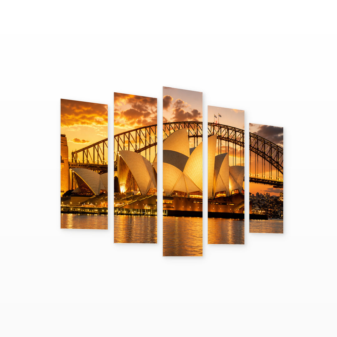 Sydney Opera House, Australia at Golden Sunset — five-panel wall art on white background in perspective | 5wallart 51106 M1