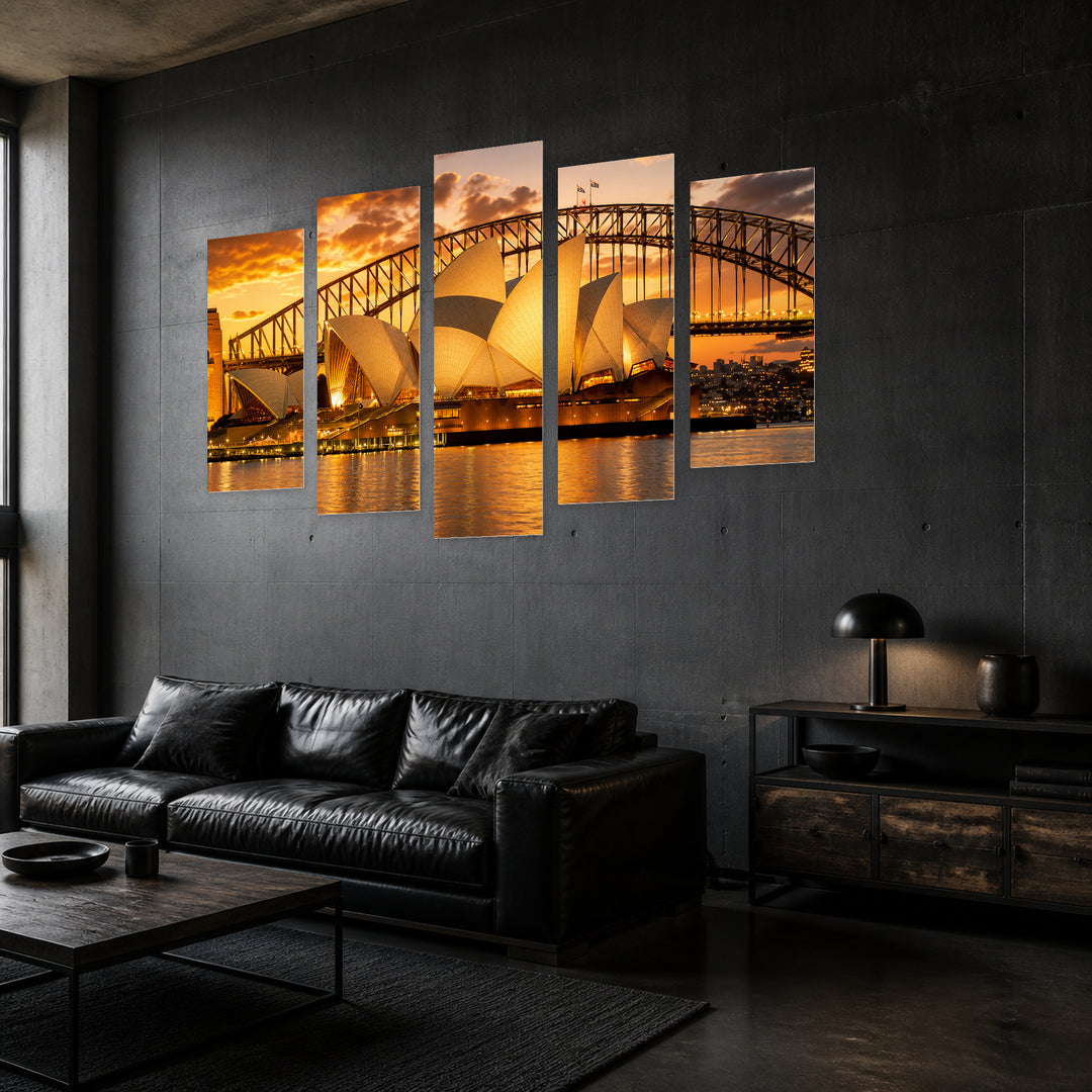 Sydney Opera House, Australia at Golden Sunset — five-panel wall art in perspective interior | 5wallart 51106 M2