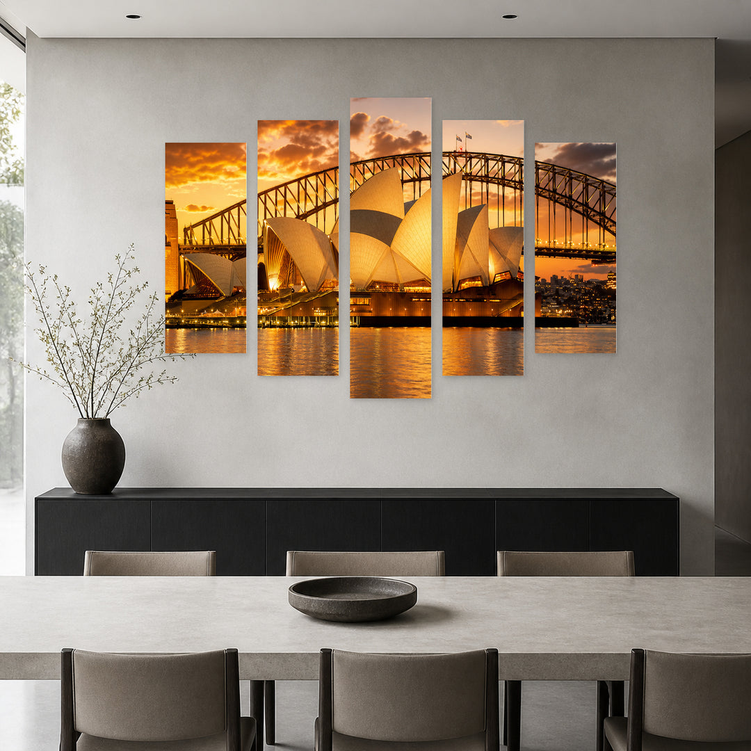 Sydney Opera House, Australia at Golden Sunset — five-panel wall art in frontal interior | 5wallart 51106 M3
