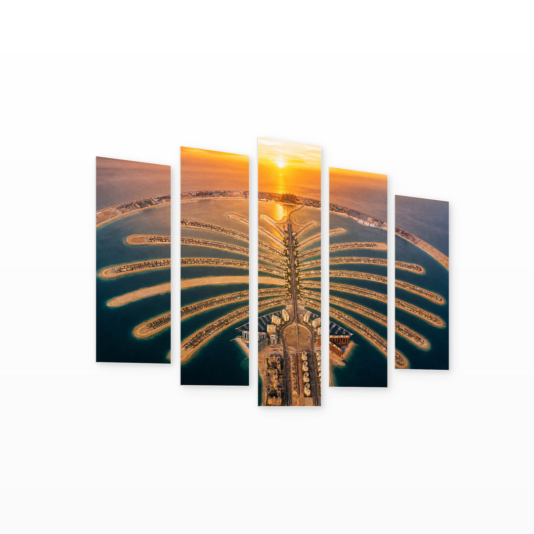 Palm Island, Dubai at Golden Sunset — five-panel wall art on white background in perspective | 5wallart 51116 M1