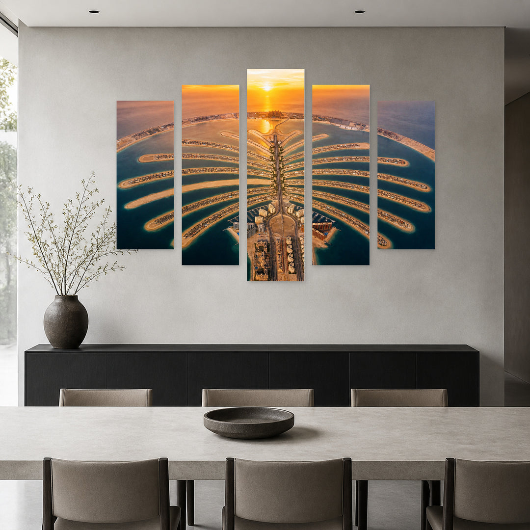 Palm Island, Dubai at Golden Sunset — five-panel wall art in frontal interior | 5wallart 51116 M3