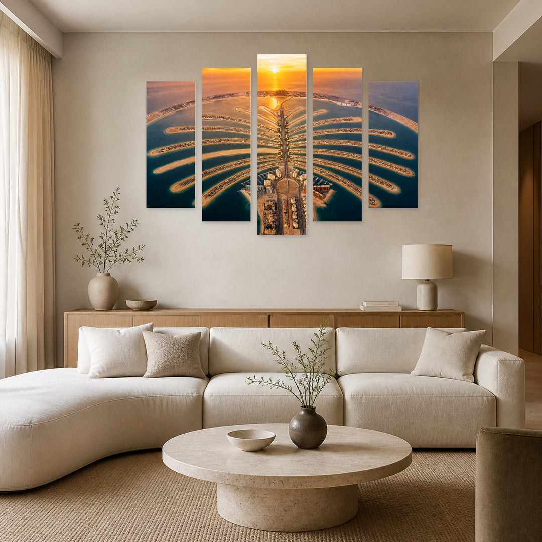Palm Island, Dubai at Golden Sunset — five-panel wall art in alternate frontal interior | 5wallart 51116 M4