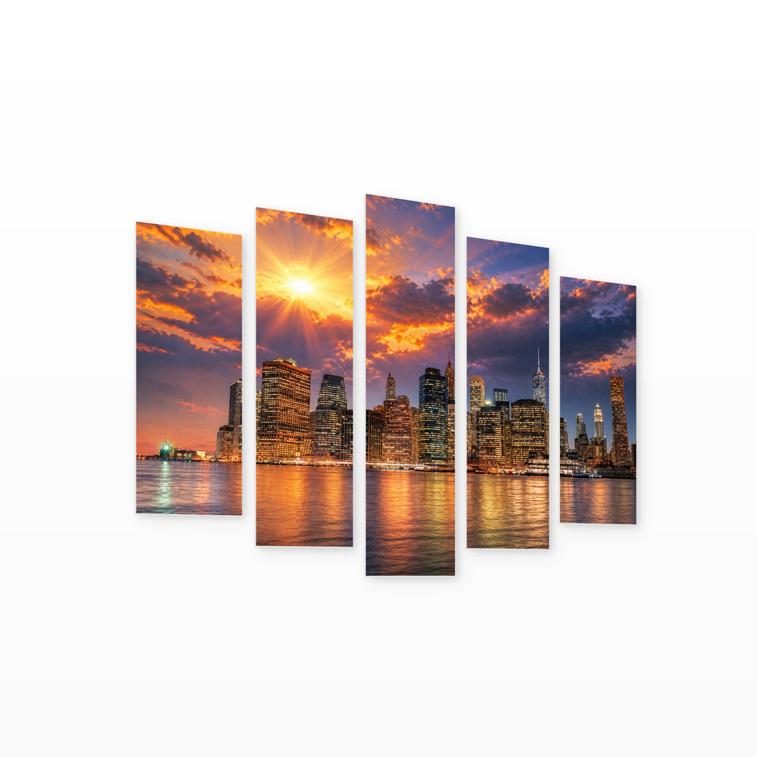 Manhattan at Sunset, New York with Dreamlike Atmosphere — five-panel wall art on white background in perspective | 5wallart 51117 M1
