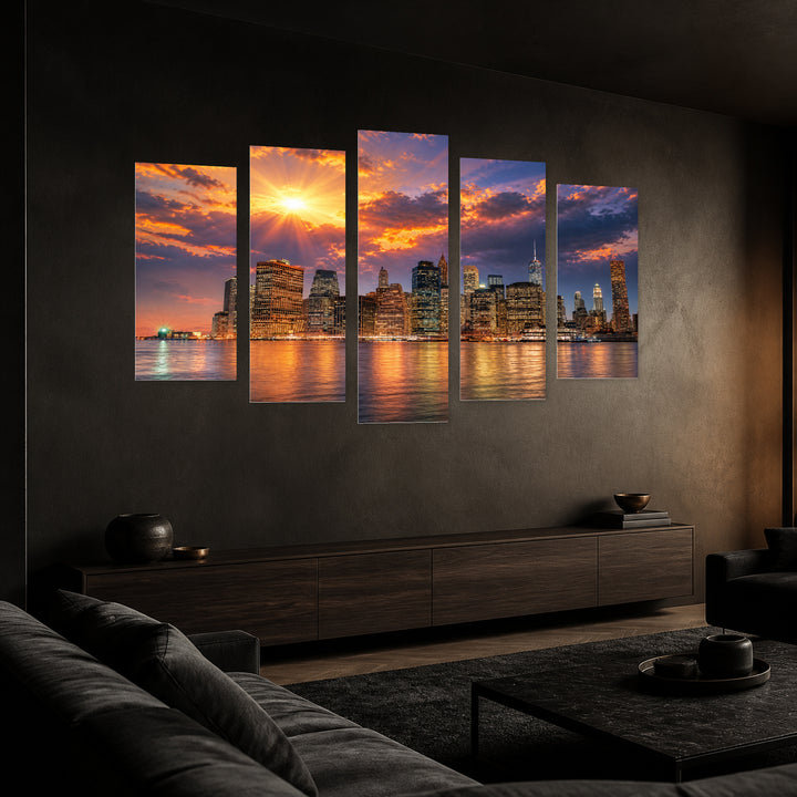 Manhattan at Sunset, New York with Dreamlike Atmosphere — five-panel wall art in perspective interior | 5wallart 51117 M2